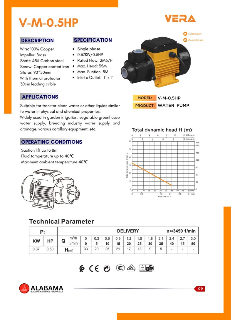 Vera V-M-0.5HP Centrifugal Water Pump | 0.37kW Single Phase Clean Water Pump | Brass Impeller | Garden & Irrigation Water Pump - Image 5